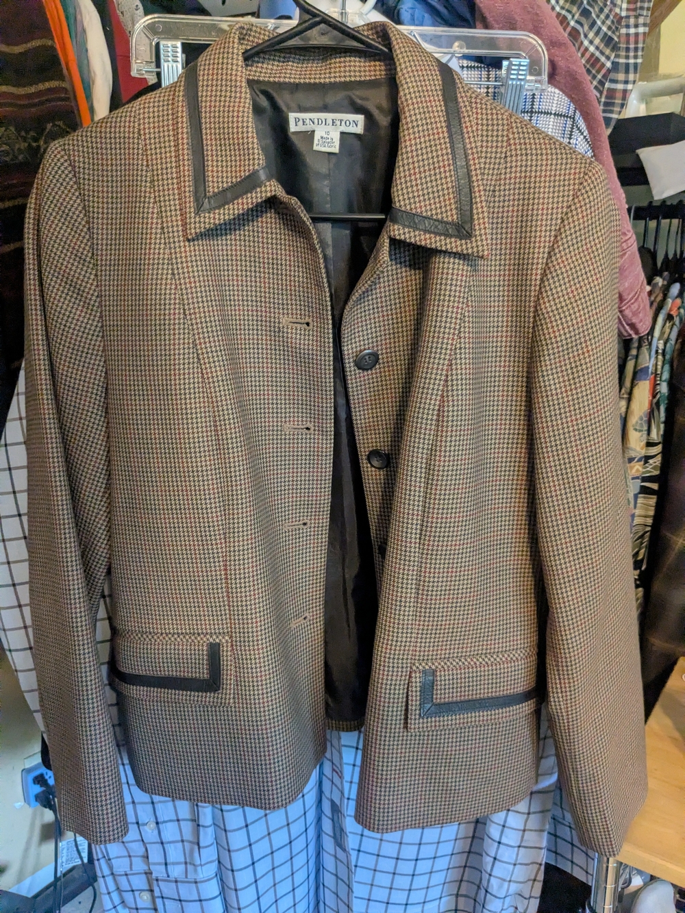 Vintage Pendleton Brown & Black Houndstooth Blazer with Trim